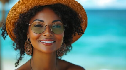 Smiling woman wearing sunglasses and straw hat at the beach during a sunny day with ocean waves in the background
