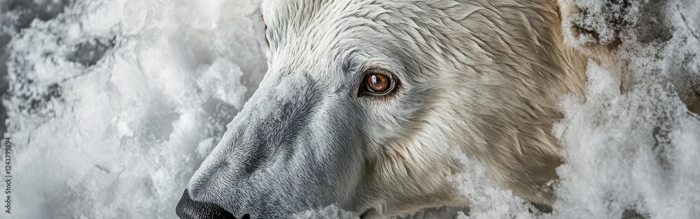 Poster close-up view of a polar bear's face showcasing its features in a snowy arctic environment during wi