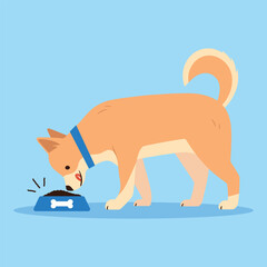 Dog eats food from a bowl. Domestic pet. Cartoon cute puppy happily eating dog food. Hungry big dog. Vector flat illustration.