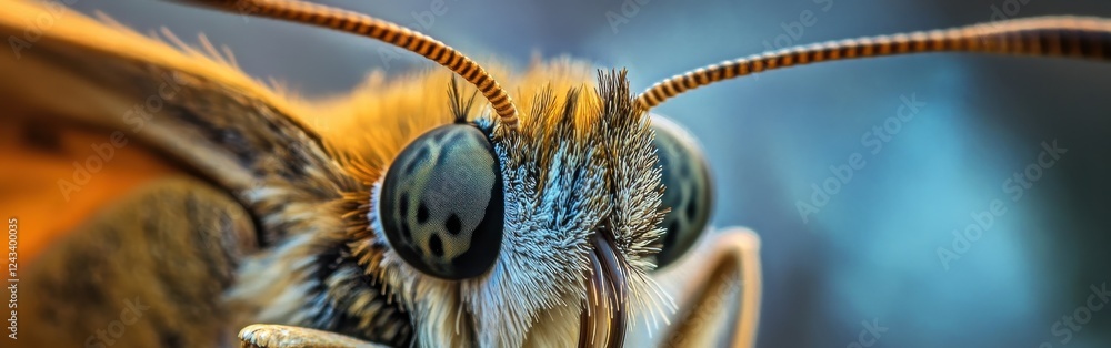 Poster close-up view revealing the intricate features of a butterfly's face captured during daylight in a g