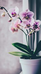 Beautiful orchid plant in a white pot with delicate pink and purple flowers displayed indoors near a window