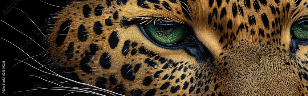Poster close-up view of a leopard's striking facial features showcasing vibrant green eyes and intricate fu