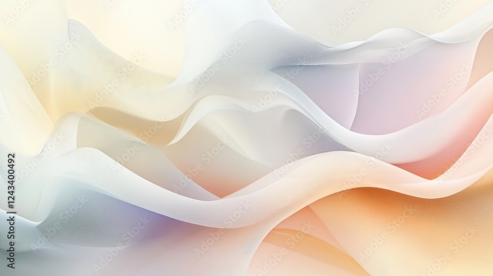 Poster abstract minimalist design with soft pastel colors and flowing curves, creating a serene, elegant, a