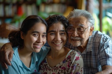 Fototapeta premium Heartwarming Moment: Elderly Man and Young Girl Embracing with Joy