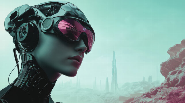 Cyborg girl with sleek design in sci fi landscape, showcasing advanced technology and futuristic elements. scene evokes sense of wonder and innovation