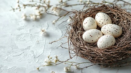 Obraz premium Nest with speckled eggs surrounded by delicate flowers on a textured surface in a serene setting