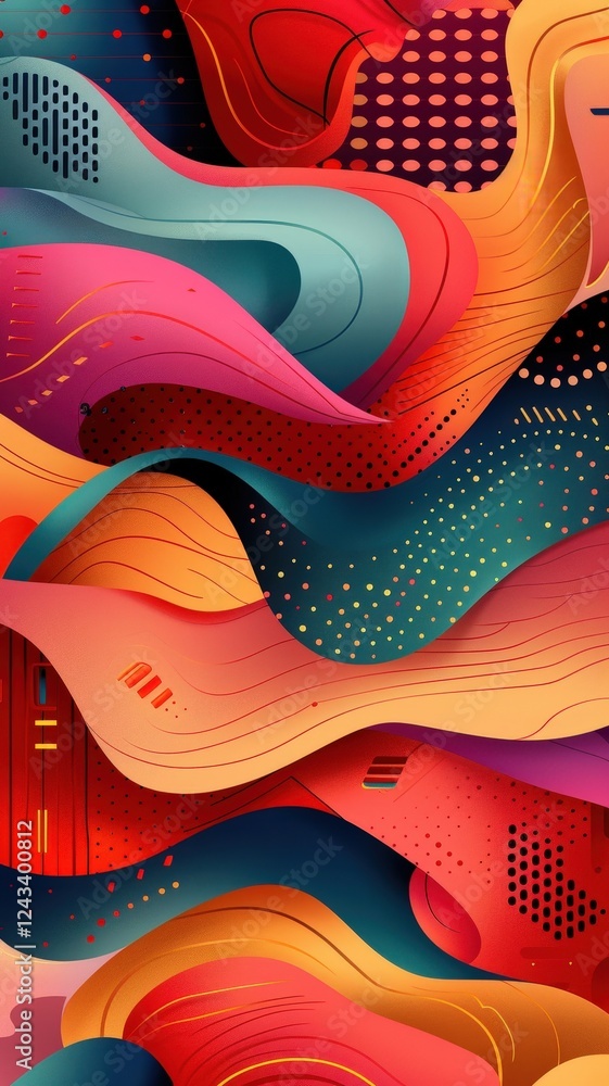 Poster a vibrant abstract design featuring flowing waves of color, blending hues of red, blue, and yellow w