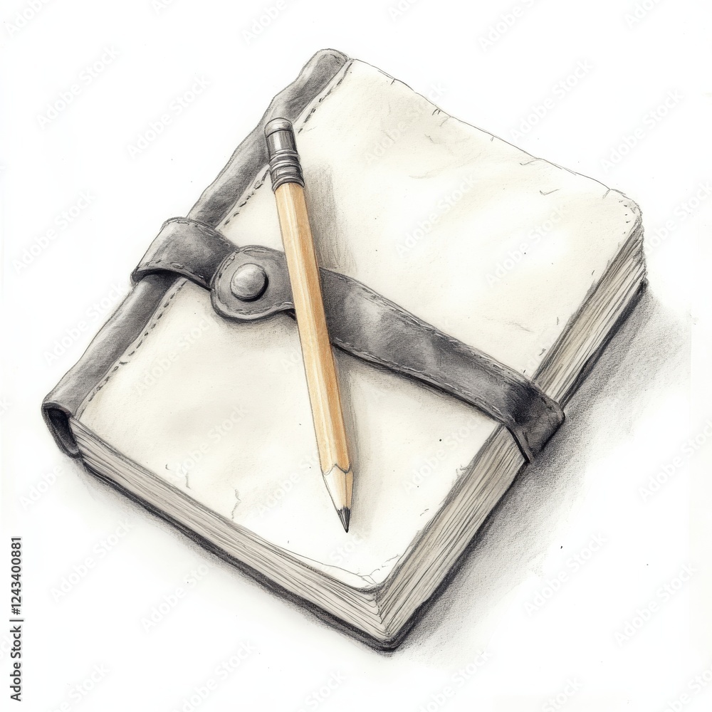 Poster leather-bound notebook with pencil placed on a desk ready for writing and brainstorming creative ide