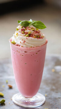 Royal Falooda, is a layered dessert with vermicelli, sweet basil seeds, rose syrup, and ice cream.