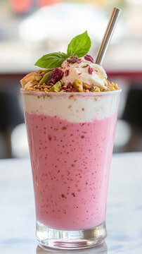 Royal Falooda, is a layered dessert with vermicelli, sweet basil seeds, rose syrup, and ice cream.