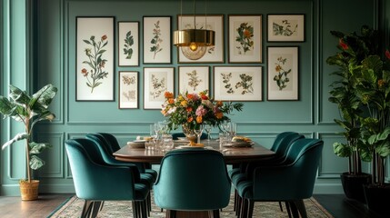 Fototapeta premium Elegant dining room with framed botanical prints, teal velvet chairs, and a wooden table.