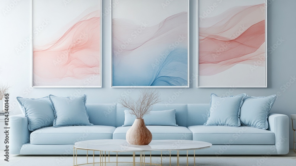 Poster minimalist abstract artwork with soft, elegant pastel hues and fluid lines creating a clean and mode