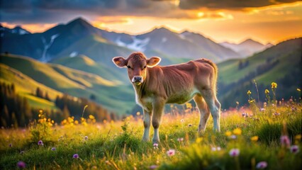 Young calf standing in a vibrant meadow at sunset, majestic mountains in the background, idyllic pastoral scene © Kukar Studio