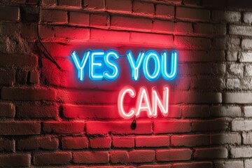 Bright neon sign saying yes you can shining against a textured brick wall in a modern setting