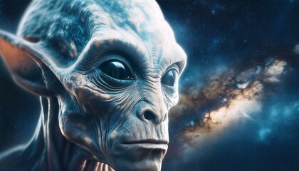 Alien portrait, detailed facial features, large dark eyes, smooth grey skin, elongated head, otherworldly, cosmic background