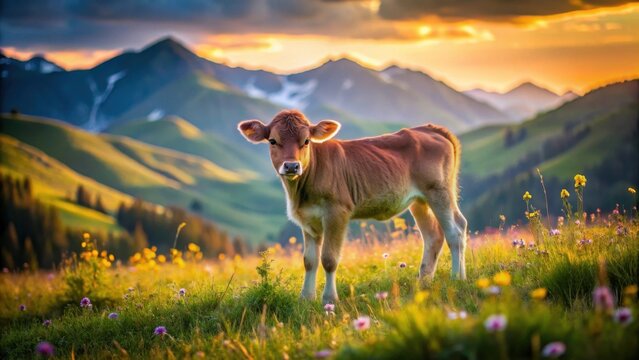 Young calf standing in a vibrant meadow at sunset, majestic mountains in the background, idyllic pastoral scene