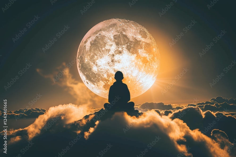 Poster a serene silhouette meditates on clouds under a luminous full moon, evoking tranquility and introspe