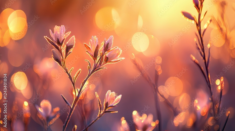 Poster glowing flowers basking in the warm light of sunrise, creating a mesmerizing atmosphere in a tranqui
