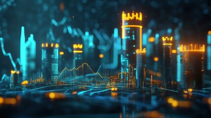 Fototapeta premium Glowing digital representation of financial growth illustrating city skyline with data visualization effects