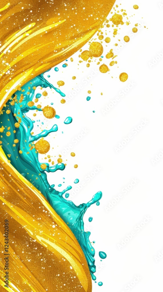 Poster a vibrant splash of golden paint intertwines with turquoise, creating a dynamic contrast against a w