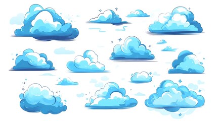 Cloud icon, simple and cute cartoon-style illustration in a white background. The main colors are blue and white. This is a 2D flat vector graphic illustration 