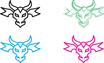 Stylized dragon heads, minimalist line art, bold outlines, geometric shapes, tribal tattoo style, vibrant colors, black white and neon, sleek modern logos, fierce expressions, mythical creature design