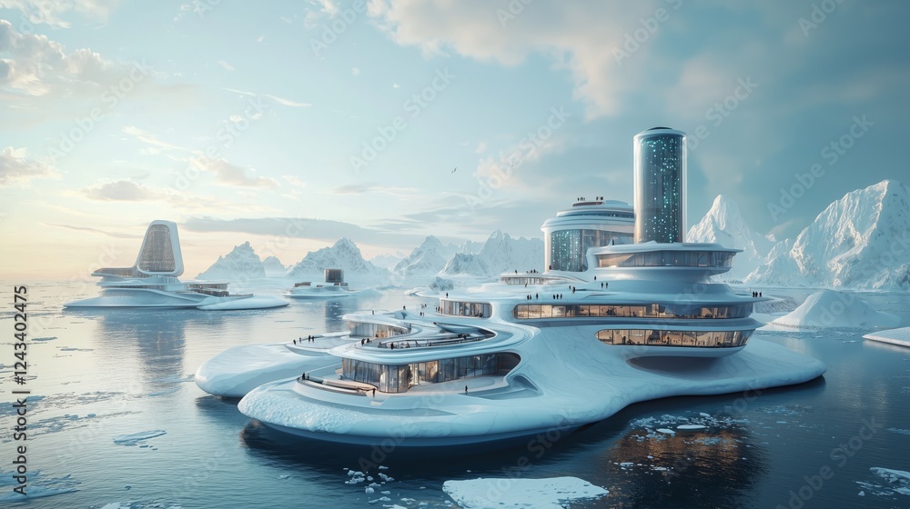 Poster futuristic architecture in icy landscape with floating structures