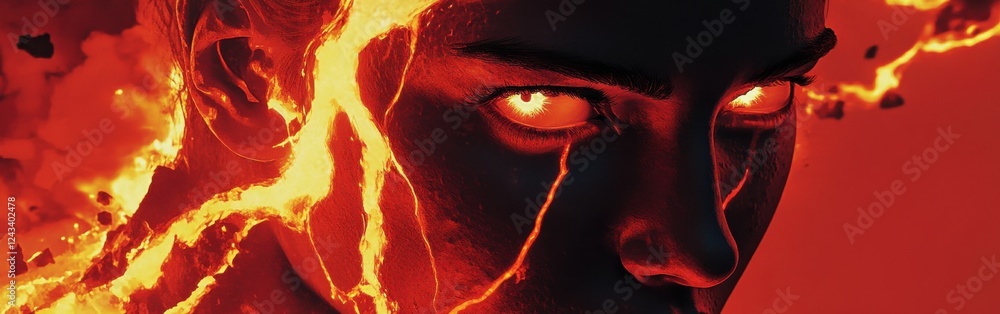 Fototapete Dynamic visualization of a face surrounded by glowing lava-like elements showcasing vibrant colors and intense expressions