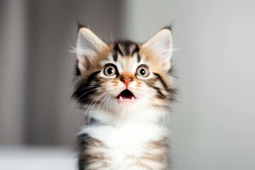 Cute fluffy kitten looking surprised with wide-open eyes in a cozy indoor setting during the afternoon