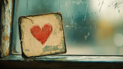 A vintage postcard with a red heart drawing, left on a dusty windowsill.