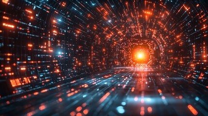 Obraz premium Futuristic Digital Tunnel with Bright Light and Flowing Particles