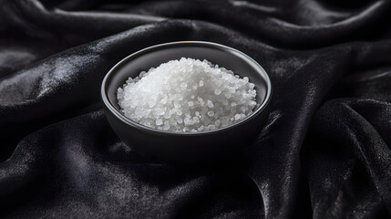 An elegant composition of coarse salt, arranged neatly in a shallow bowl, placed on a soft black velvet fabric, showcasing the texture and purity of the salt.
