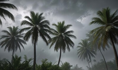 Swaying palms in a tempestuous tropical storm, tropical storm, palm fronds blowing , turbulent skies