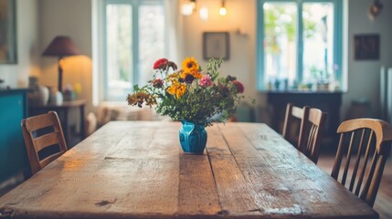 Charming dining room with wooden table and vibrant flower arrangement during daylight