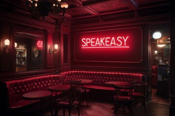 Bright neon speakeasy sign illuminates vintage style bar with dark wood and plush seating