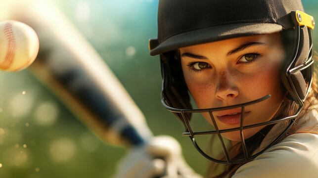Intense female baseball player in helmet focuses on incoming pitch. Discover women's baseball talent and sports excellence.