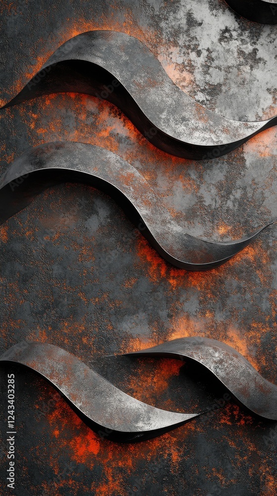Poster metallic waves create a distressed and textured surface with orange highlights and black tones in an