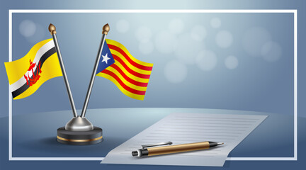 Brunei and Catalonia National flags on small table with bokeh background, cooperative relationship