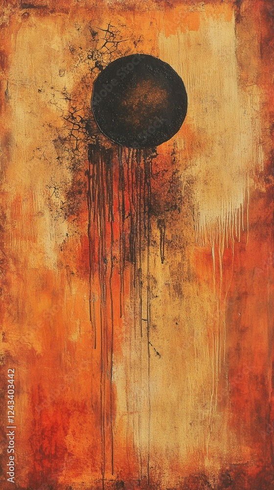 Poster warm burnt texture background with distressed elements suggesting an abstract celestial shape