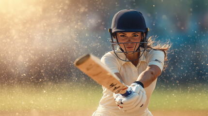 Woman playing cricket with determination, showcasing skills and focus. Perfecting her batting, representing empowerment in sports photography.