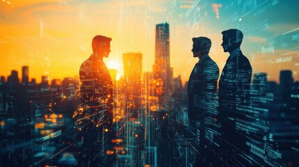 Silhouettes of business professionals overlooking a city skyline at sunset with digital elements