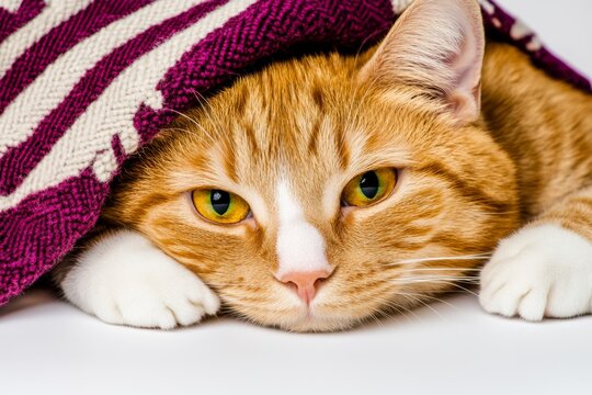 Charming orange tabby cat relaxing under a cozy blanket, showcasing its warm eyes and serene expression at home - Powered by Adobe