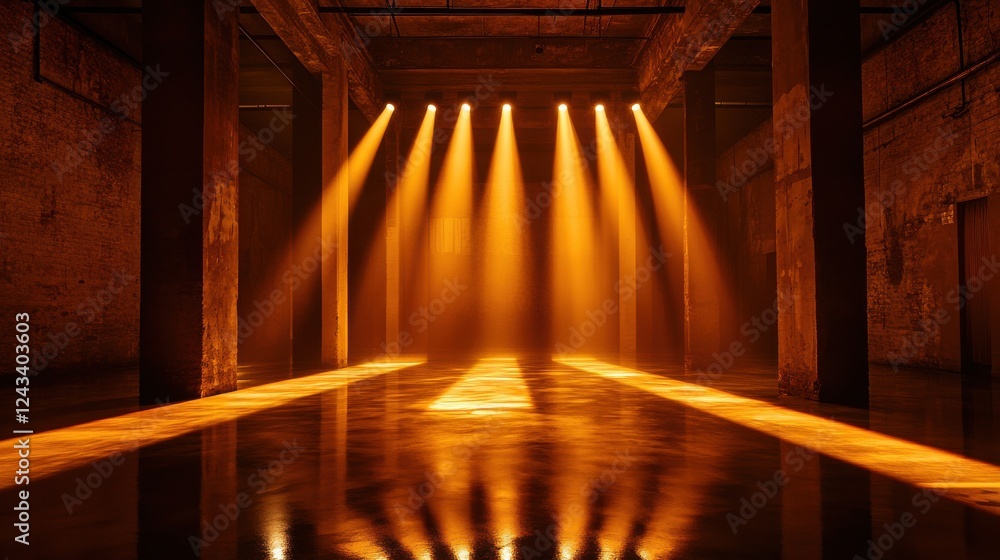 Aufkleber dark cinematic space illuminated by beams of orange light creating an atmospheric and dramatic envir