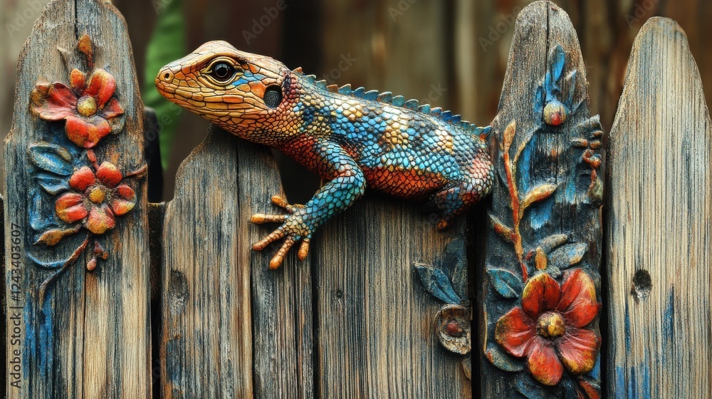 Aufkleber macro shot of a colorful lizard perched on an intricately carved wooden fence in a vibrant natural s