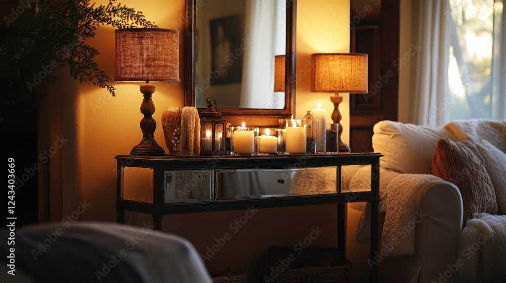 Poster cozy living room with soft lighting and a mirrored console creating a warm atmosphere for relaxation