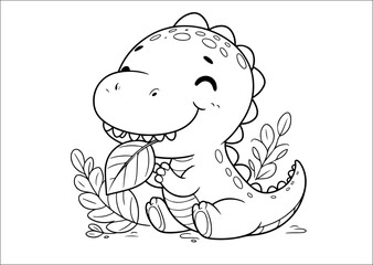 Coloring page for kids. Cute cartoon dinosaur with leaves.