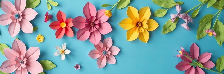 Obraz premium Colorful paper cut flowers with green leaves on blue background, ideal for spring or summer designs, paper flowers, design, blue background