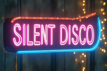 Colorful neon sign for silent disco event at night with glowing lights creating a festive atmosphere
