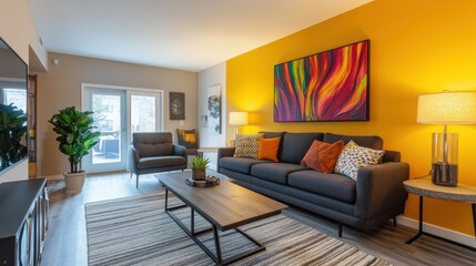 Cozy living room with mustard yellow walls and vibrant decor creates a warm and inviting atmosphere for relaxation