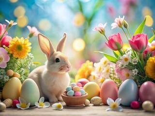 Festive Easter Floral Background: Spring Flowers, Eggs, and Bunny Decorations for Holiday Cards and Websites
